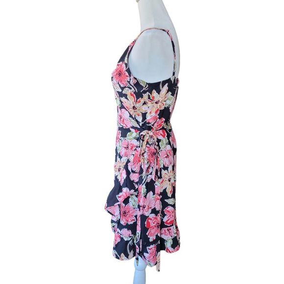 Lulu's Floral Print Ruffled Wrap Mini Dress Black Pink Medium - Picture 6 of 6